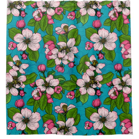 Apfelblüte auf Türkis Duschvorhang (Vorderseite)