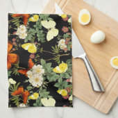 Apfelblüte und Schmetterlinge schwarzer Hintergrun Geschirrtuch (Viertel Falte)