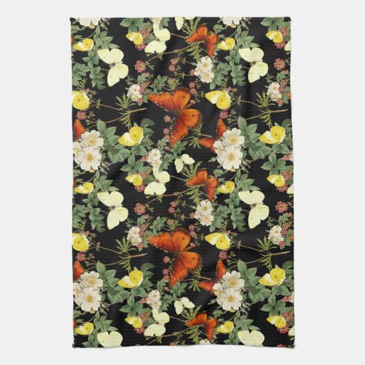 Apfelblüte und Schmetterlinge schwarzer Hintergrun Geschirrtuch (Vertikal)