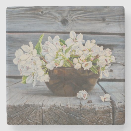 Apfelblüten-Stillleben – Original-Kunstwerk Steinuntersetzer (Vorderseite)