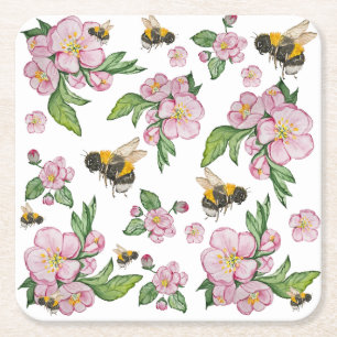 Apfelblütenbaum und Bienenaquarellmuster Rechteckiger Pappuntersetzer