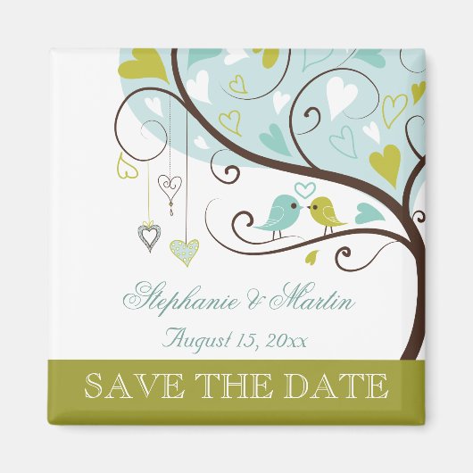 Apfelgrün und Weichblau lieben Vögel Save the Date Magnet (Vorne)