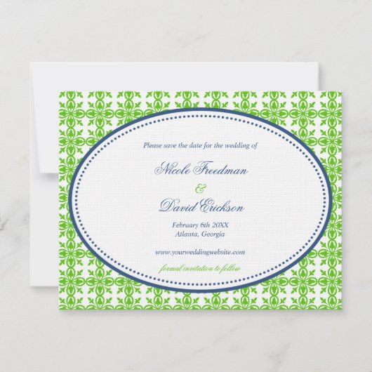 Apfelgrüne Seestreitkräfte oval voppy Hochzeit spe Save The Date (Vorderseite)