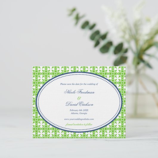 Apfelgrüne Seestreitkräfte oval voppy Hochzeit spe Save The Date (Stehend Vorderseite)