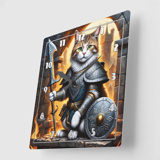 Apfelkatze im Rüstungslager mit Schwert und Schild Quadratische Wanduhr (Winkel)