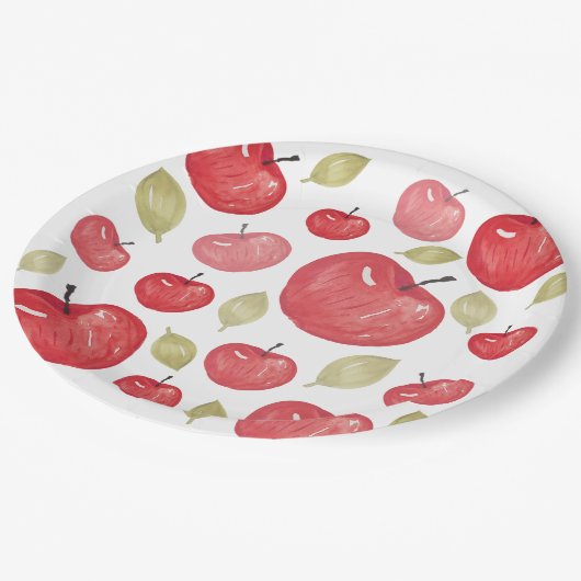 Apfelmuster Wasserfarbe Handlackiert Pappteller (Schrägansicht)