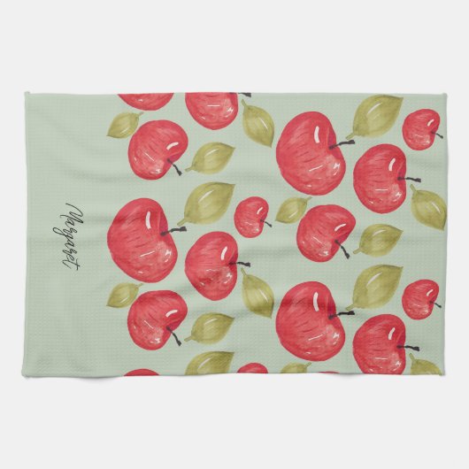 Apfelmuster Wasserfarben Handlackierte Monogramm Geschirrtuch (Horizontal)