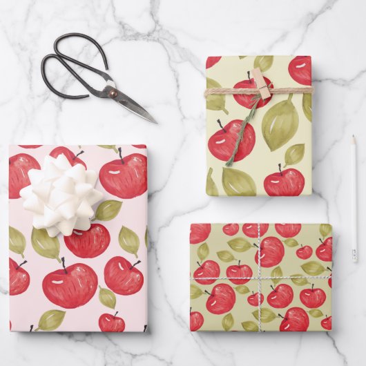 Apfelmuster Wasserfarben Handlackierte Wrapping Geschenkpapier Set (Vorderseite)