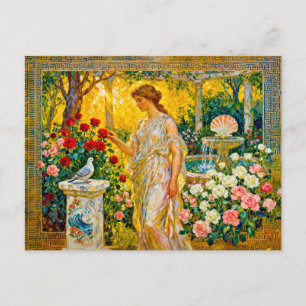 Aphrodite im Rosengarten mit Brunnen, Muschel und Postkarte