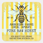 Apiary Bee Honey Jar Labels | Honigbiene gestreift Quadratischer Aufkleber (Vorderseite)