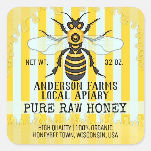 Apiary Bee Honey Jar Labels | Honigbiene gestreift Quadratischer Aufkleber (Vorderseite)