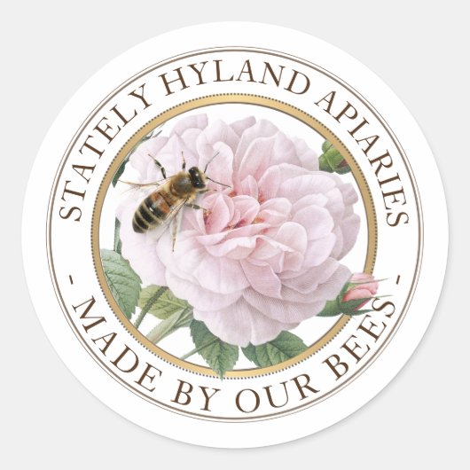APIARY PRODUCT Honey Label Pink Rose with Bee Runder Aufkleber (Vorderseite)