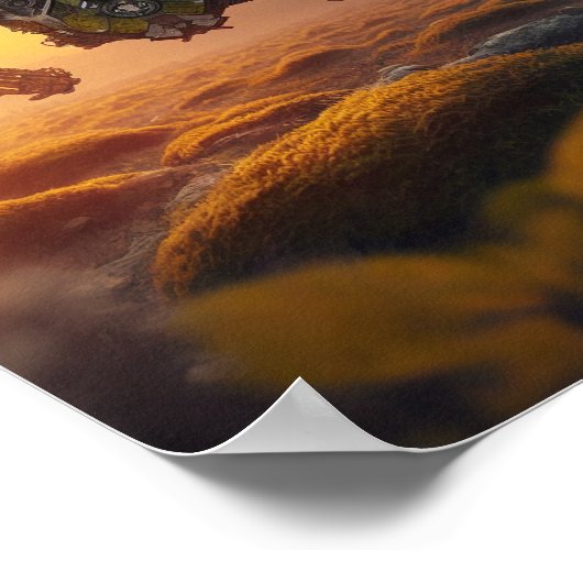 Apokalyptische Flying Drone während des Sonnenaufg Poster (Ecke)