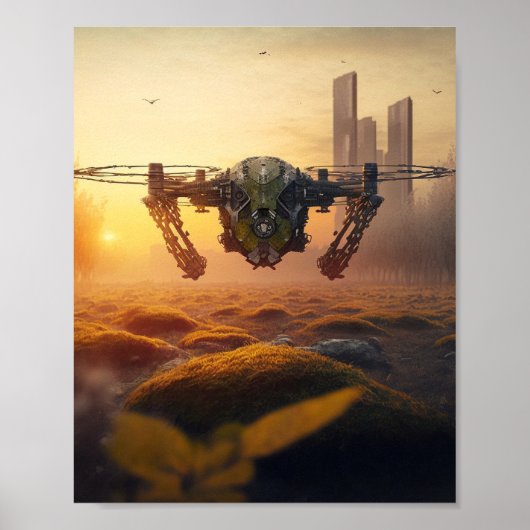 Apokalyptische Flying Drone während des Sonnenaufg Poster (Vorne)