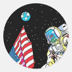 Apollo-Astronaut mit Flagge und Erde Pop-Art Runder Aufkleber