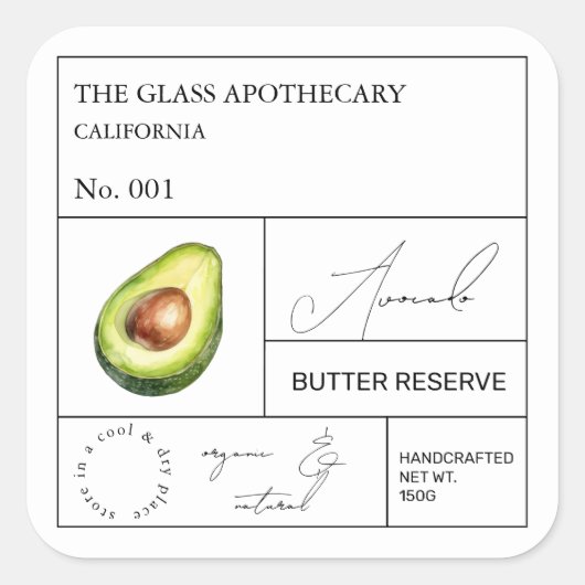 Apothecary Avocado Label Quadratischer Aufkleber (Vorderseite)