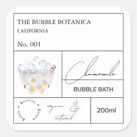 Apothecary Chamomile Bubble Bath Label Quadratischer Aufkleber (Vorderseite)