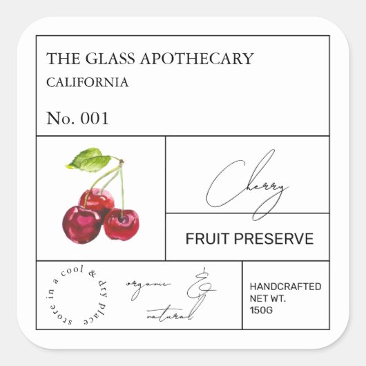 Apothecary Cherry Label Quadratischer Aufkleber (Vorderseite)