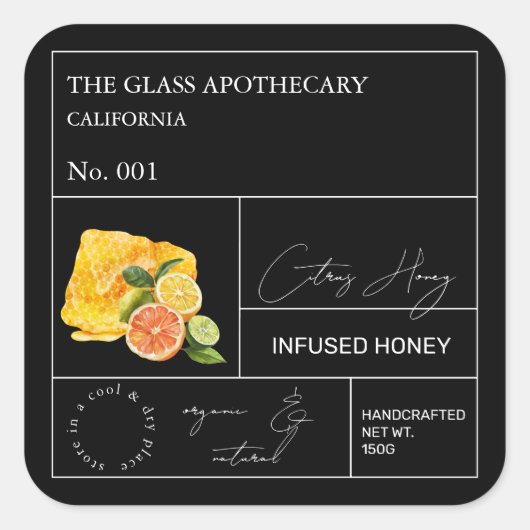 Apothecary Citrus Infted Honey Label Quadratischer Aufkleber (Vorderseite)