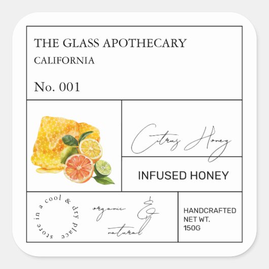 Apothecary Citrus Infted Honey Label Quadratischer Aufkleber (Vorderseite)