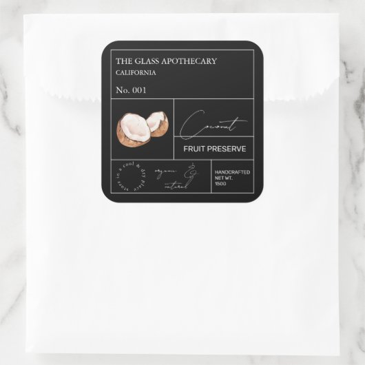 Apothecary Coconut Label Quadratischer Aufkleber (Tasche)