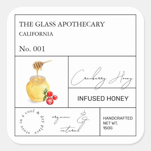 Apothecary Cranberry Infted Honey Label Quadratischer Aufkleber (Vorderseite)