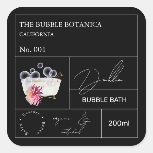 Apothecary Dahlia Bubble Bath Label Quadratischer Aufkleber (Vorderseite)