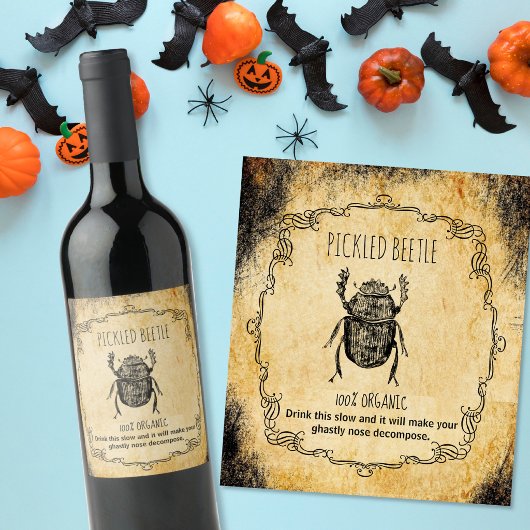 Apothecary halloween Vintager gepflückter Käfer Weinetikett