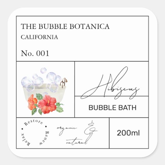 Apothecary Hibiscus Bubble Bath Label Quadratischer Aufkleber (Vorderseite)