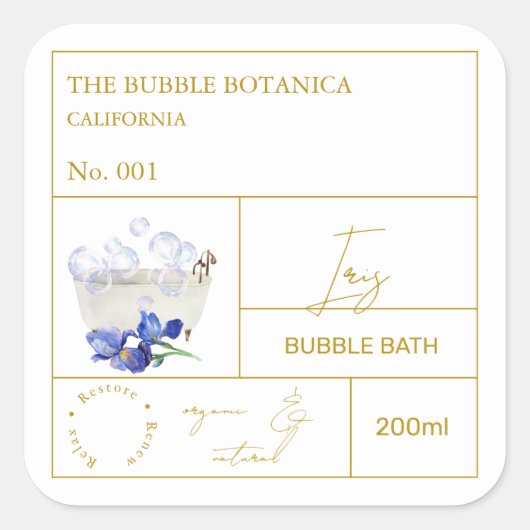 Apothecary Iris Bubble Bath Label Quadratischer Aufkleber (Vorderseite)