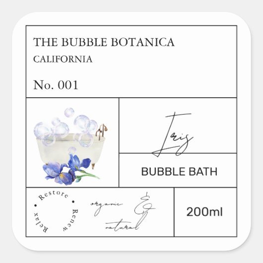 Apothecary Iris Bubble Bath Label Quadratischer Aufkleber (Vorderseite)