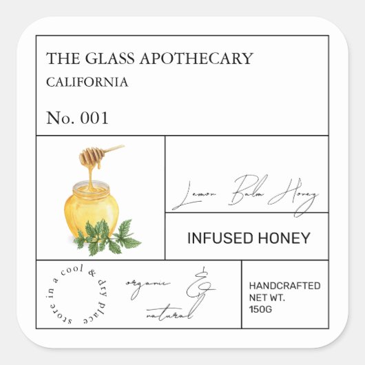 Apothecary Lemon Balm Infanterie Honey Label Quadratischer Aufkleber (Vorderseite)