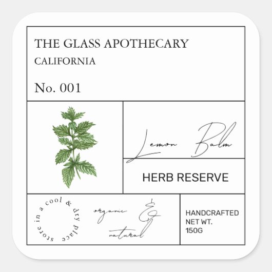Apothecary Lemon Balm Label Quadratischer Aufkleber (Vorderseite)