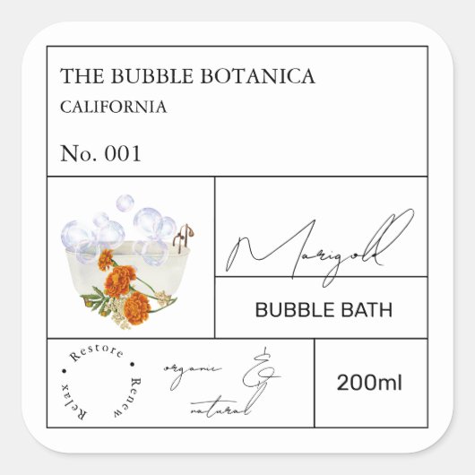 Apothecary Marigold Bubble Bath Label Quadratischer Aufkleber (Vorderseite)