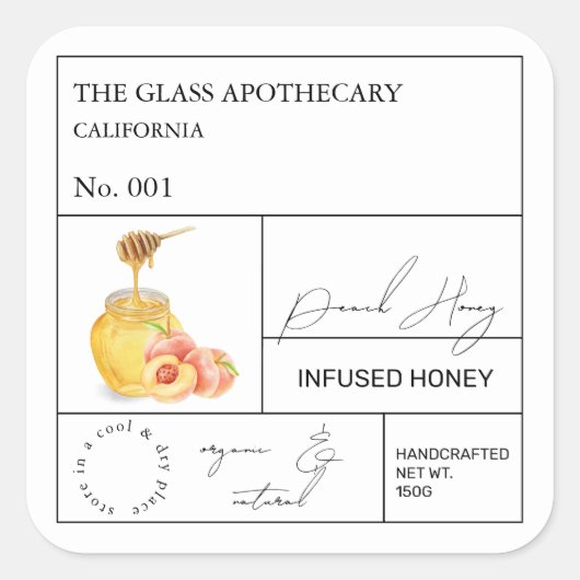 Apothecary Peach Infted Honey Label Quadratischer Aufkleber (Vorderseite)