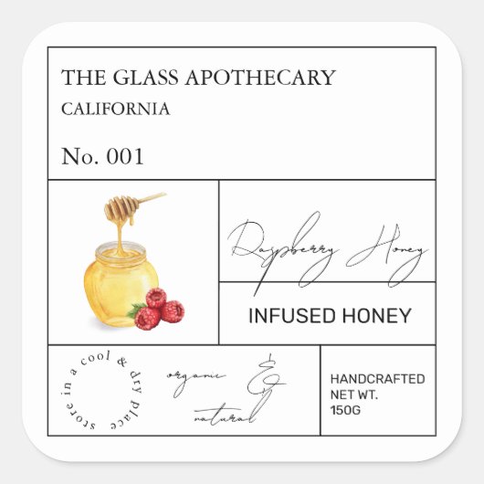 Apothecary Raspberry Infused Honey Label Quadratischer Aufkleber (Vorderseite)