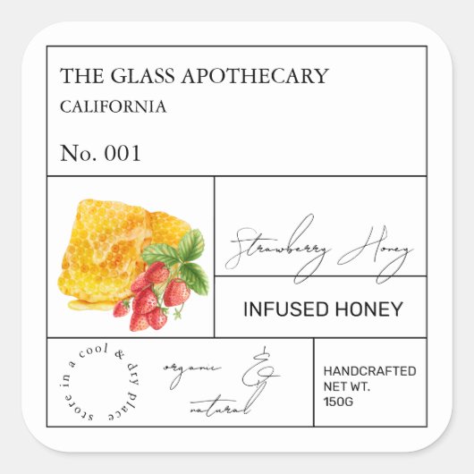 Apothecary Strawberry Infted Honey Label Quadratischer Aufkleber (Vorderseite)