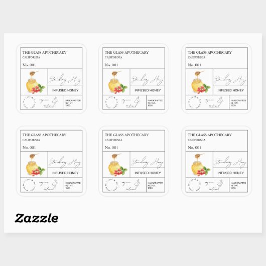 Apothecary Strawberry Infted Honey Label Quadratischer Aufkleber (Blatt)