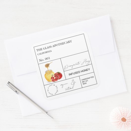 Apothekarisches Granatapfelblatt Quadratischer Aufkleber (Umschlag)