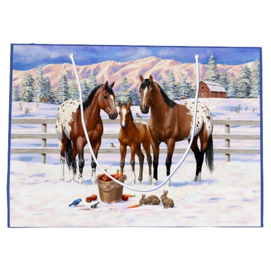 Appaloosa brauner Bucht Pferde im Schnee Große Geschenktüte (Rückseite)