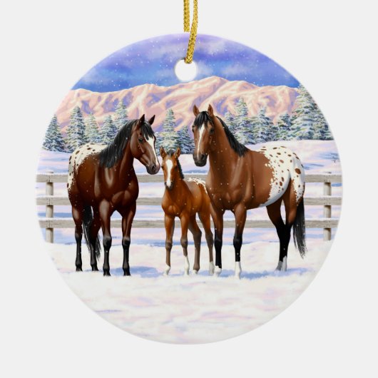 Appaloosa brauner Bucht Pferde im Schnee Keramik Ornament (Vorne)