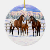 Appaloosa brauner Bucht Pferde im Schnee Keramik Ornament (Hinten)