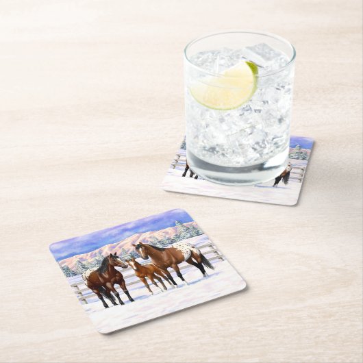 Appaloosa brauner Bucht Pferde im Schnee Rechteckiger Pappuntersetzer (Vor Ort)