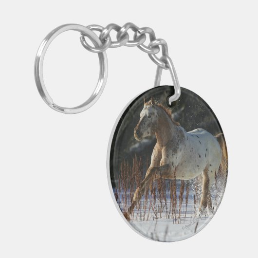 Appaloosa-Pferd, das in den Schnee läuft Schlüsselanhänger (Vorderseite links)