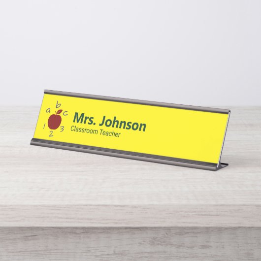 Apple ABC 123 Gelbe Lehrerin Name und Jobbezeichnu Schreibtischnamensplakette (Vorderseite )