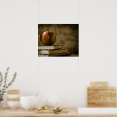 Apple auf einem Stapel Bücher auf einem Schreibtis Poster (Küche)