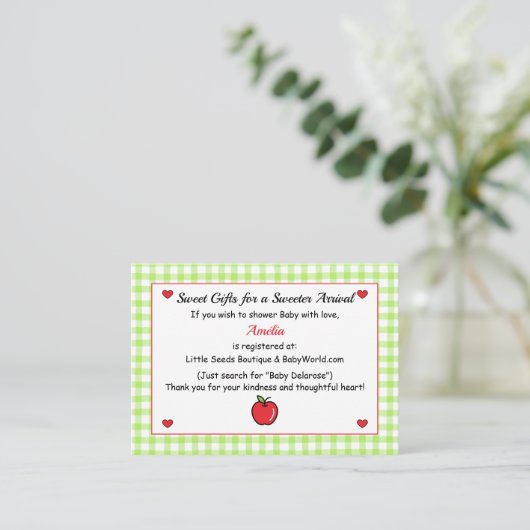 Apple Baby Shower Enclosure Card - Geschenkkartei Begleitkarte (Stehend Vorderseite)