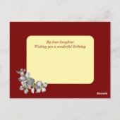 Apple Blossom auf Deep Red Namens und Alter Geburt Postkarte (Rückseite)