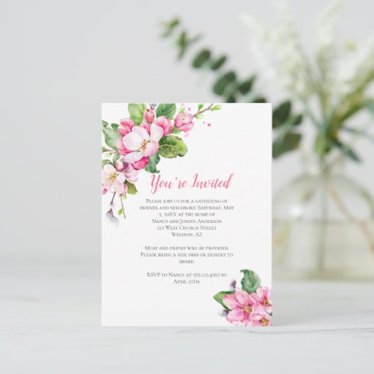 Apple Blossom Party Einladung Postkarte (Stehend Vorderseite)
