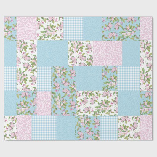 Apple Blossom Rosa, Blau, Grüne Imitate Patchwork Geschenkpapier (Flach)